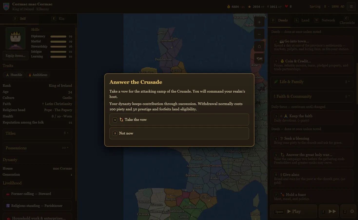 Fallowborn v1.60 Answer the Crusade dialog offering a Catholic ruler the choice to take the campaign vow or decline for now