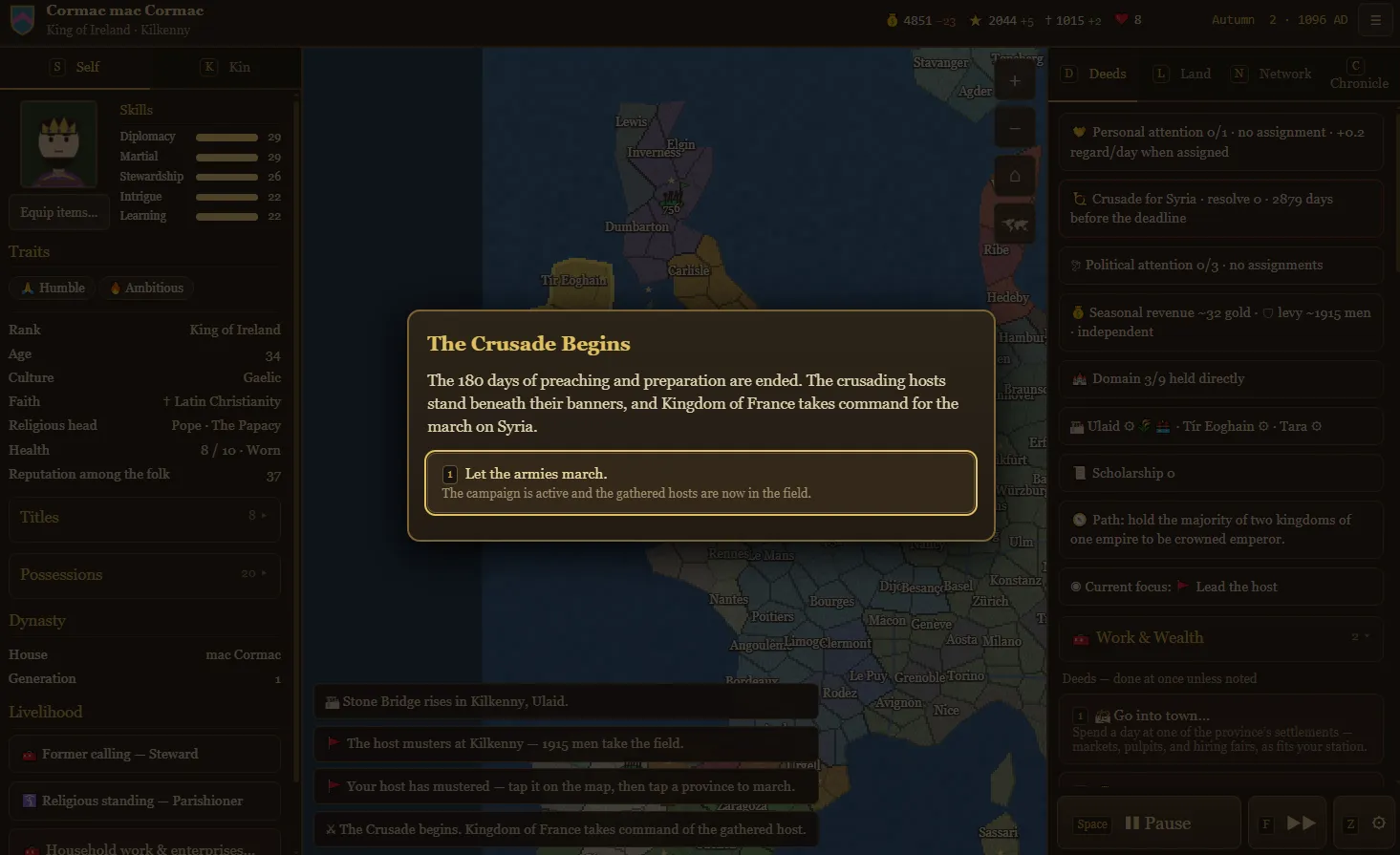Fallowborn v1.60 gameplay announcing that the Crusade begins, France commands the gathered hosts, and the player army has mustered for the march on Syria