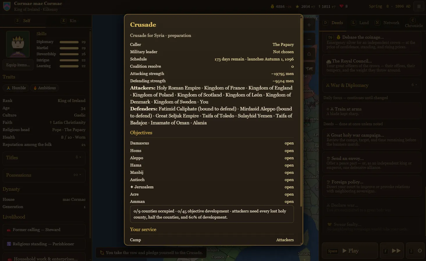 Fallowborn v1.60 Crusade campaign panel showing the Papacy as caller, the preparation schedule, both camps and their strength, the Syrian objectives, and the player contribution