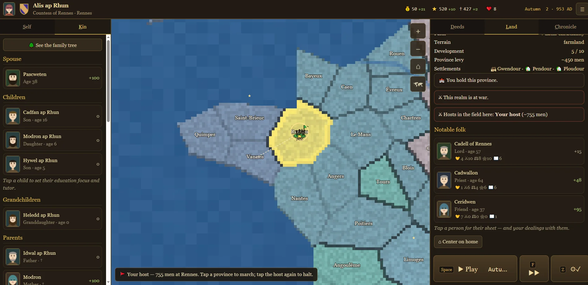 Fallowborn v1.14 gameplay: a host of 755 men stands on the map at Rennes, with the prompt to tap a province to march