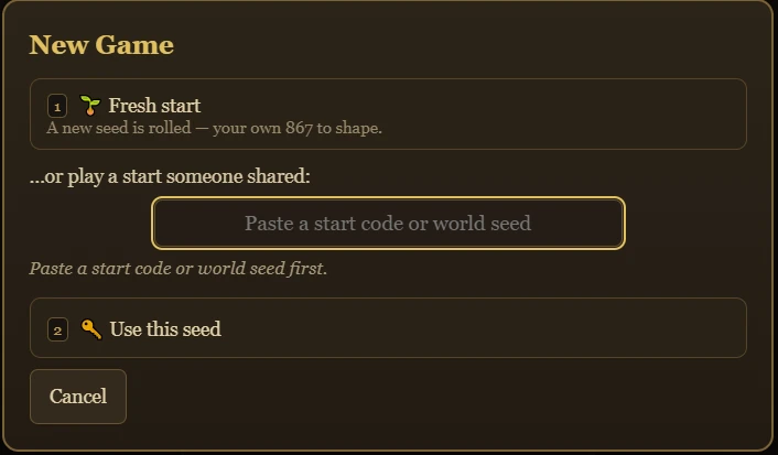 Fallowborn's New Game dialog offering a Fresh start or a field to paste a start code or world seed someone shared