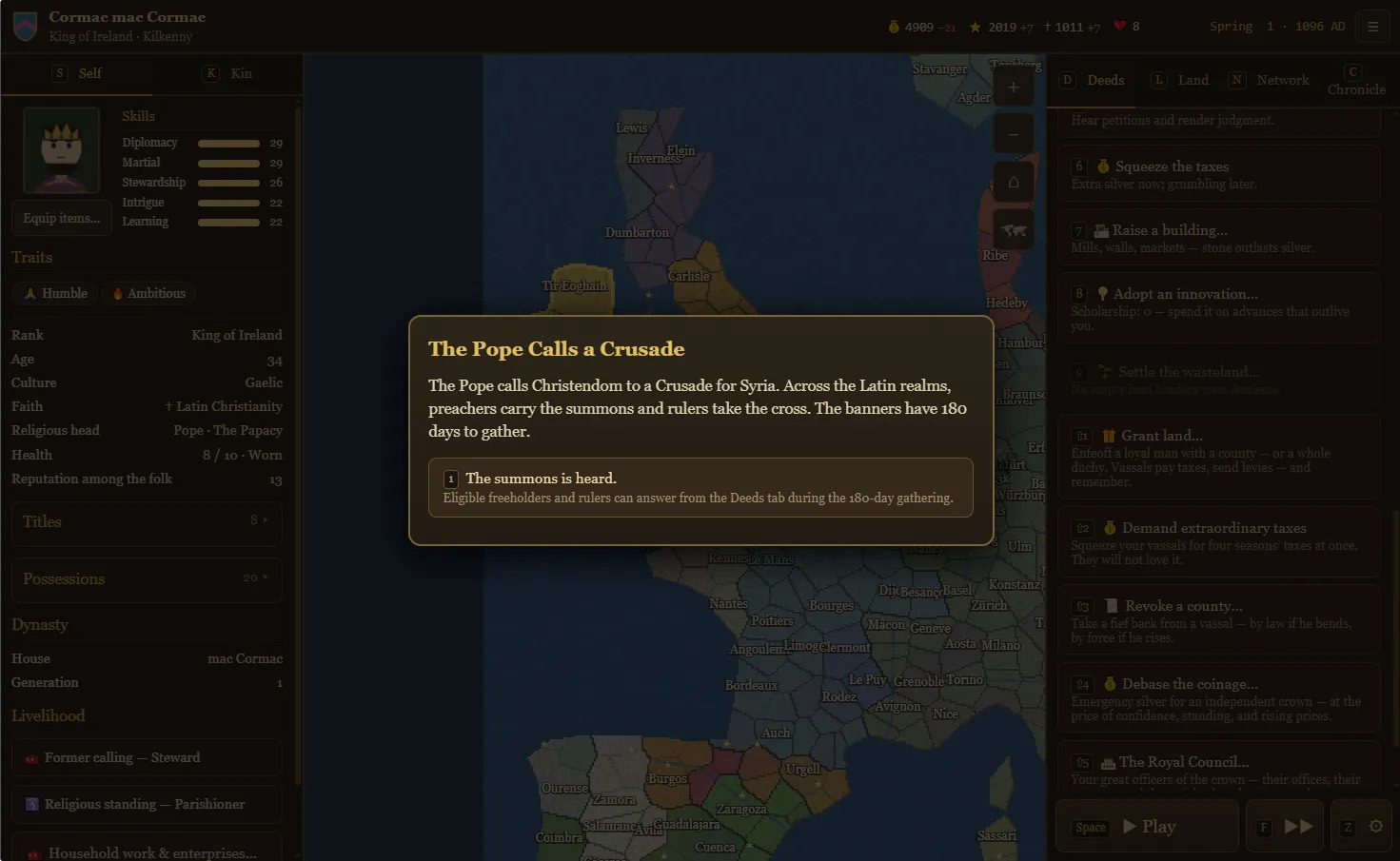 Fallowborn v1.60 gameplay showing the Pope calling Christendom to a Crusade for Syria, with 180 days for banners to gather