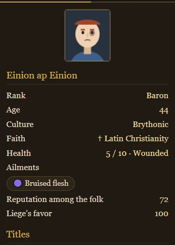 Fallowborn character sheet for Einion ap Einion: Health 5 of 10, Wounded, the ailment Bruised flesh listed, and a bruise drawn around his portrait's eye