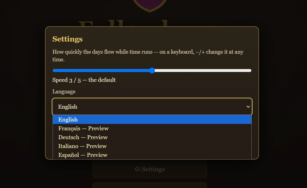 Fallowborn's Settings dialog with the Language dropdown open, listing English, Français — Preview, Deutsch — Preview, Italiano — Preview, and Español — Preview