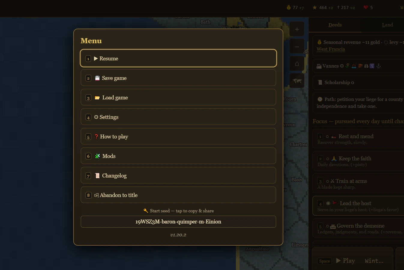 Fallowborn's menu showing the start seed 19WSZ3M-baron-quimper-m-Einion, with the prompt: Start seed — tap to copy and share