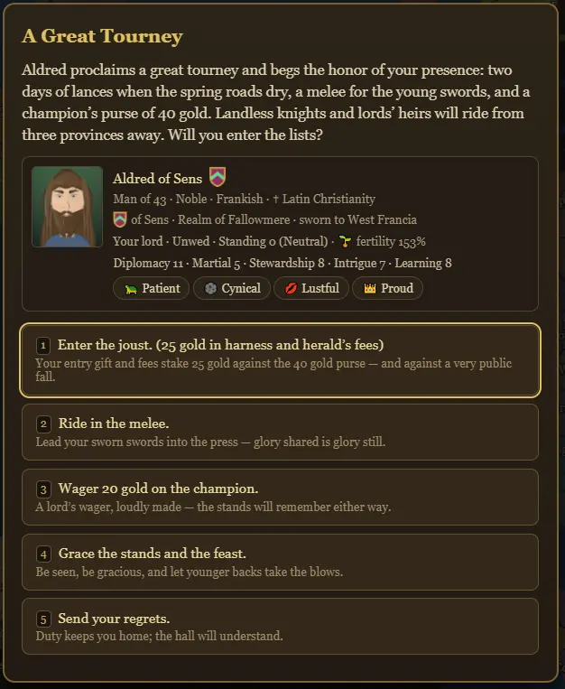 A great tourney invitation offering the joust, melee, wager, courtly attendance, or a polite refusal