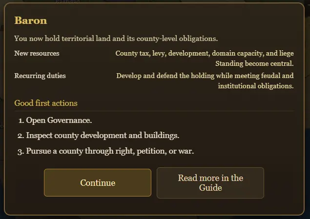 A new baron receives a focused briefing about territorial land, county obligations, recurring duties, and useful first actions
