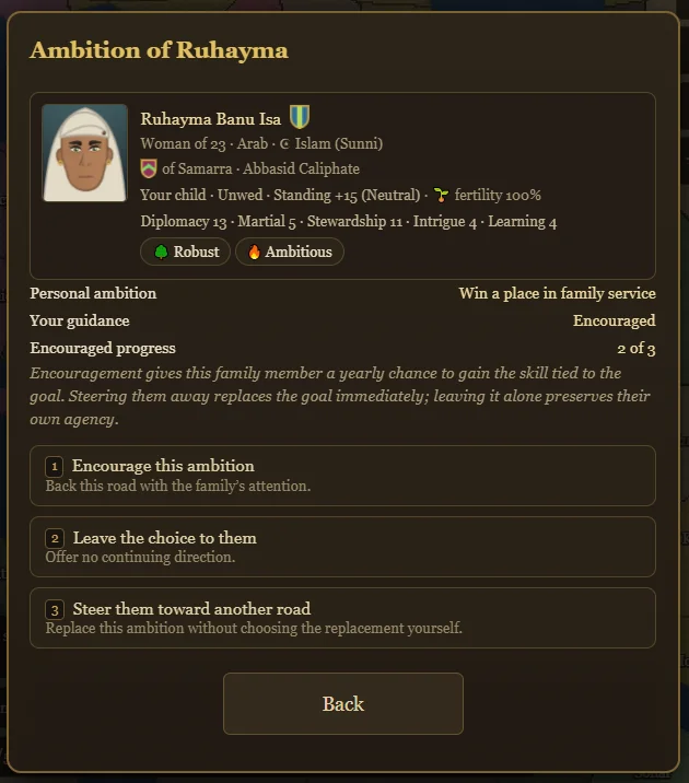 Ruhayma's character sheet showing her ambition to win a place in family service, the household's guidance, and progress toward the goal