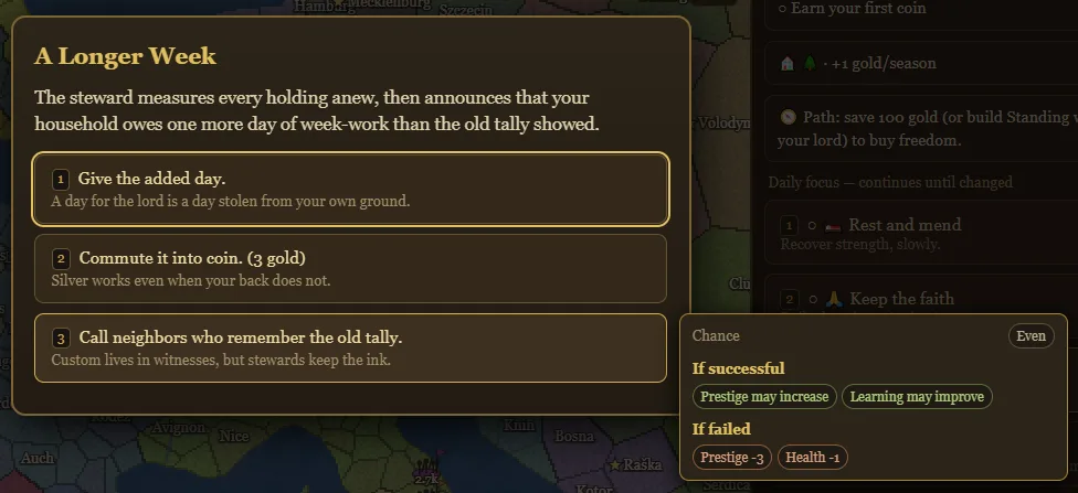 The commoner hardship event A Longer Week with a side tooltip showing an even chance and separate successful and failed consequences