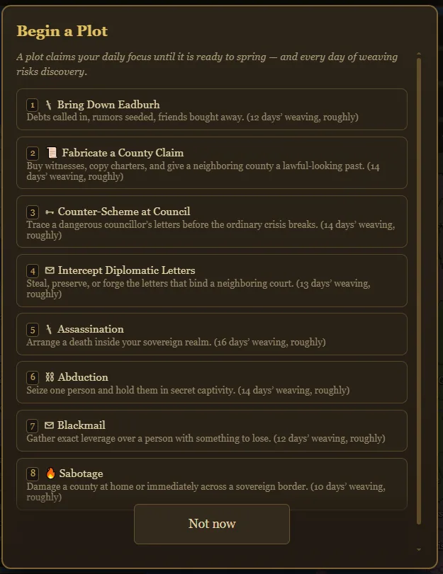 The expanded Begin a Plot catalogue showing assassination, abduction, blackmail, and sabotage alongside claims and political schemes