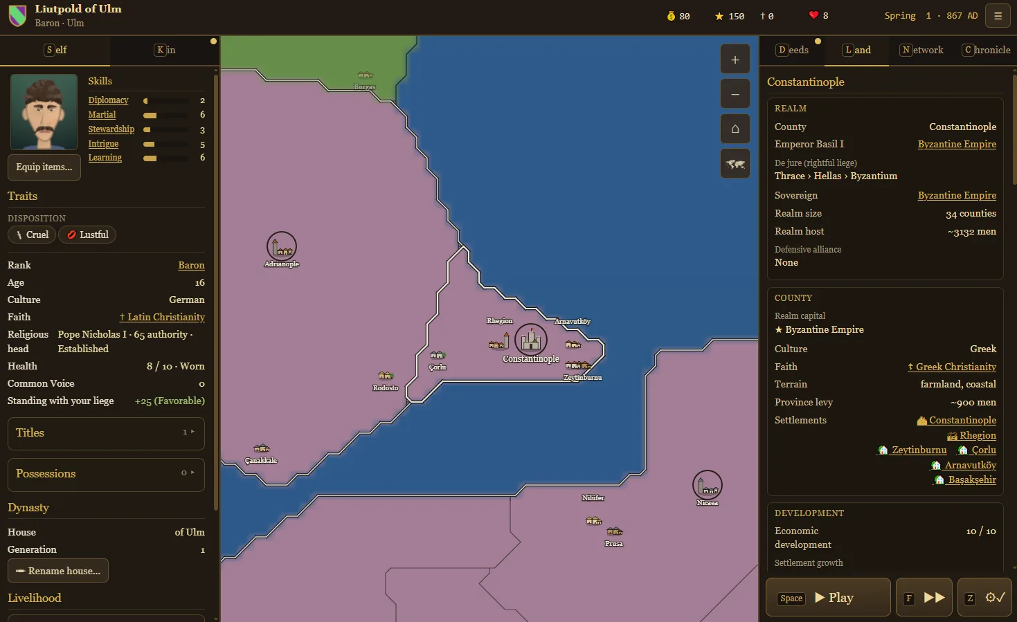 The close map around Constantinople showing named settlements, procedural town and village emblems, a marked capital, and detailed county information