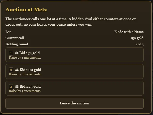 An auction for a named blade with three possible bid amounts