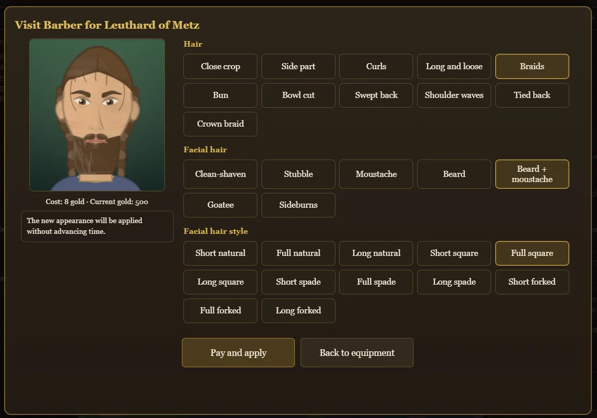 The barber sheet previewing hair and beard choices on the protagonist