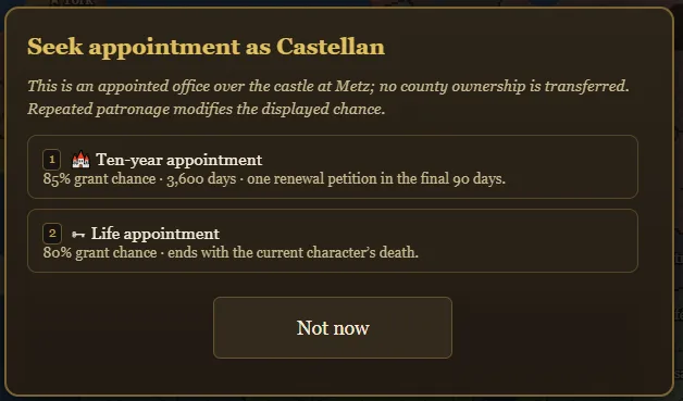 A Castellan petition offering a ten-year or life appointment