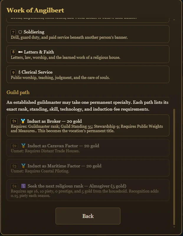 The Work sheet showing a Trade guildmaster's available and locked specialty paths