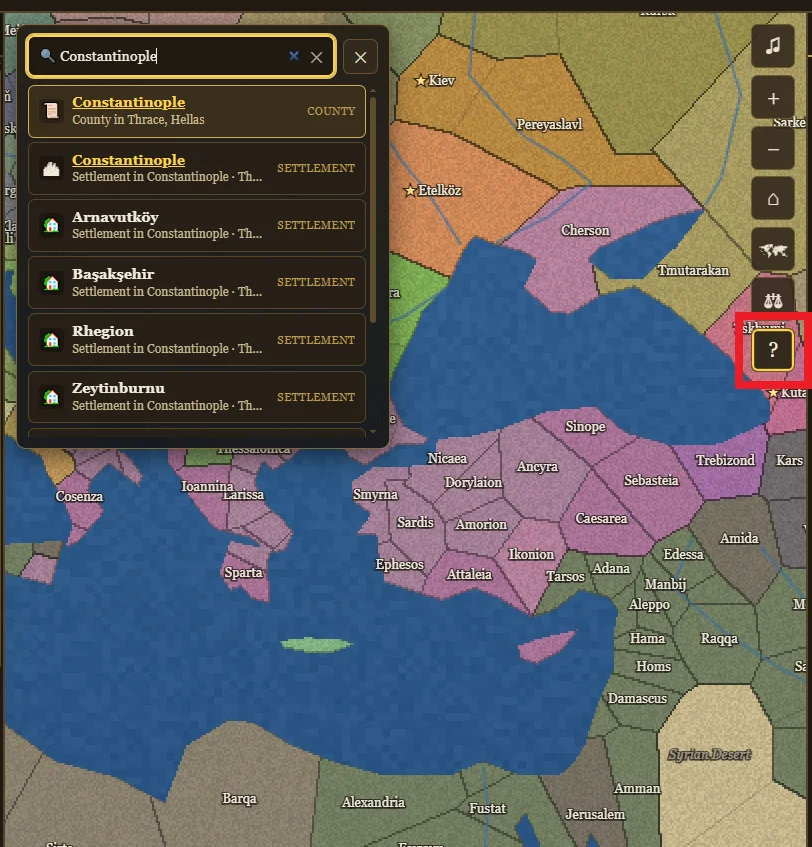 The map search overlay finds settlements, counties, duchies, and kingdoms, grouping results by category