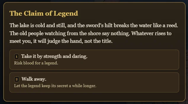An event modal presents the trial to claim Excalibur, offering options to make an offering, fight for it, or walk away