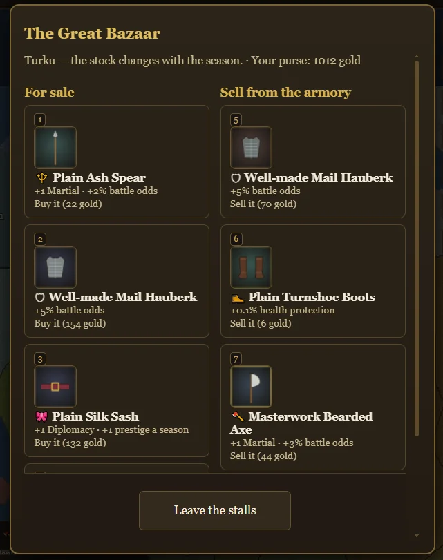 The Great Bazaar displays purchasable weapons and armor on the left alongside unequipped armory gear available to sell on the right