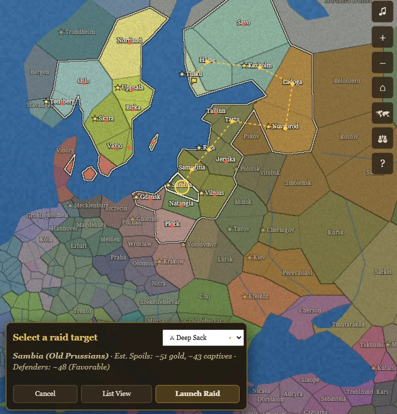 Selecting a raid target directly on the map draws naval and overland route paths to the destination county