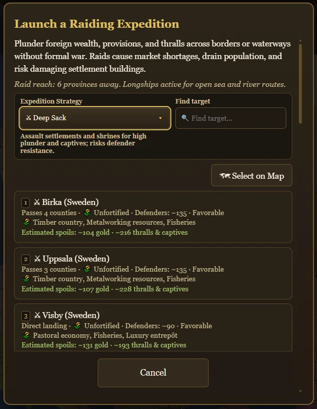The raiding expedition ledger lists reachable foreign targets with estimated plunder, captive counts, and tactical risk ratings