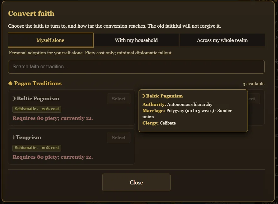 The Convert Faith modal presents scope options, theological affinity badges, and doctrine tooltips for prospective religions