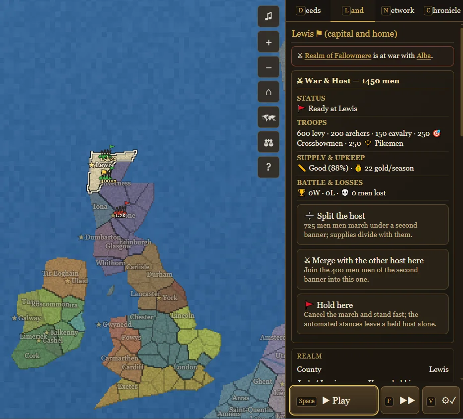 The Fallowborn Land panel showing a mobilized field host with unit class composition breakdown, supply status, and host split and merge actions