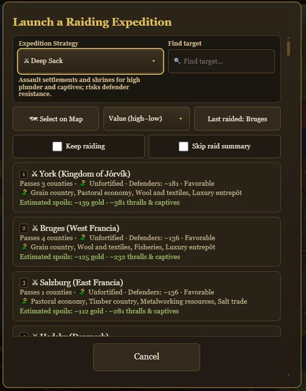 The raiding expedition sheet showing strategy guidance, target search and sorting, a last-raided shortcut, repeat controls, and estimated spoils
