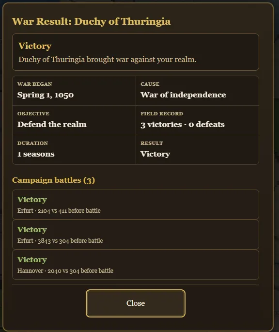 A saved war result report listing the cause, objective, field record, duration, outcome, and three campaign battles