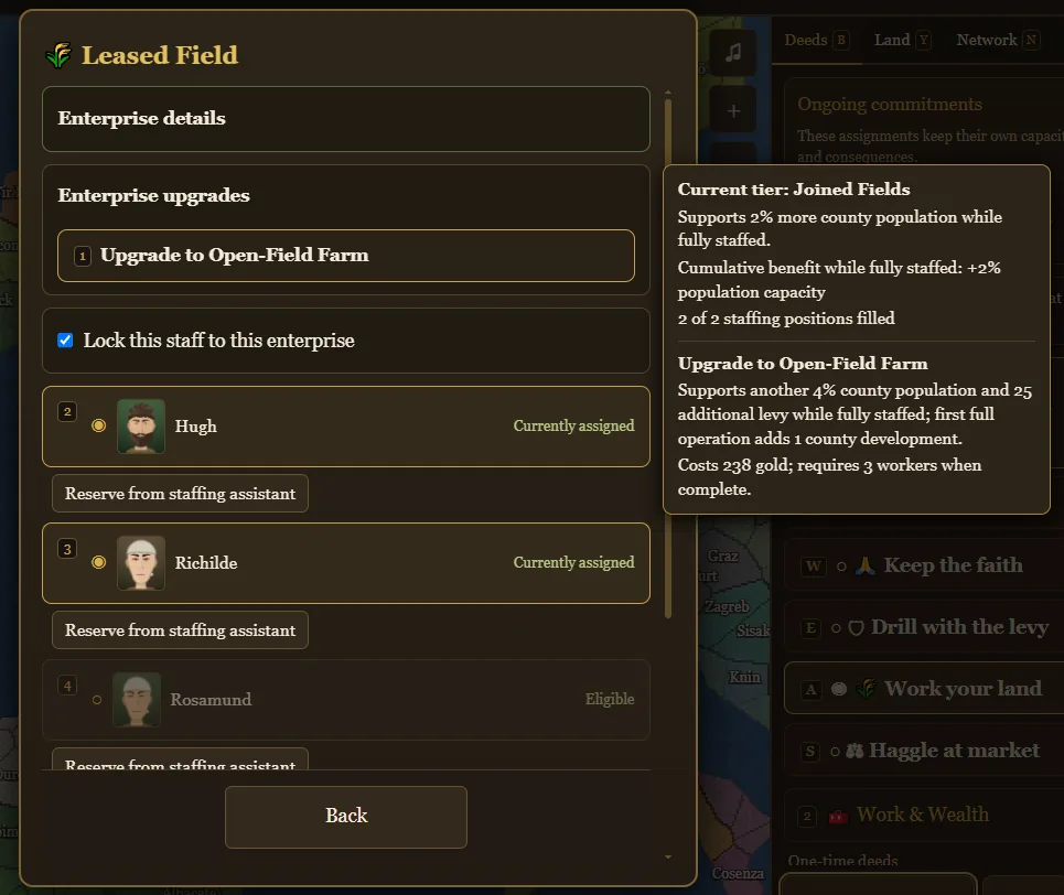 An upgraded Leased Field showing its Joined Fields tier, two assigned family workers, staffing lock, and the next Open-Field Farm expansion