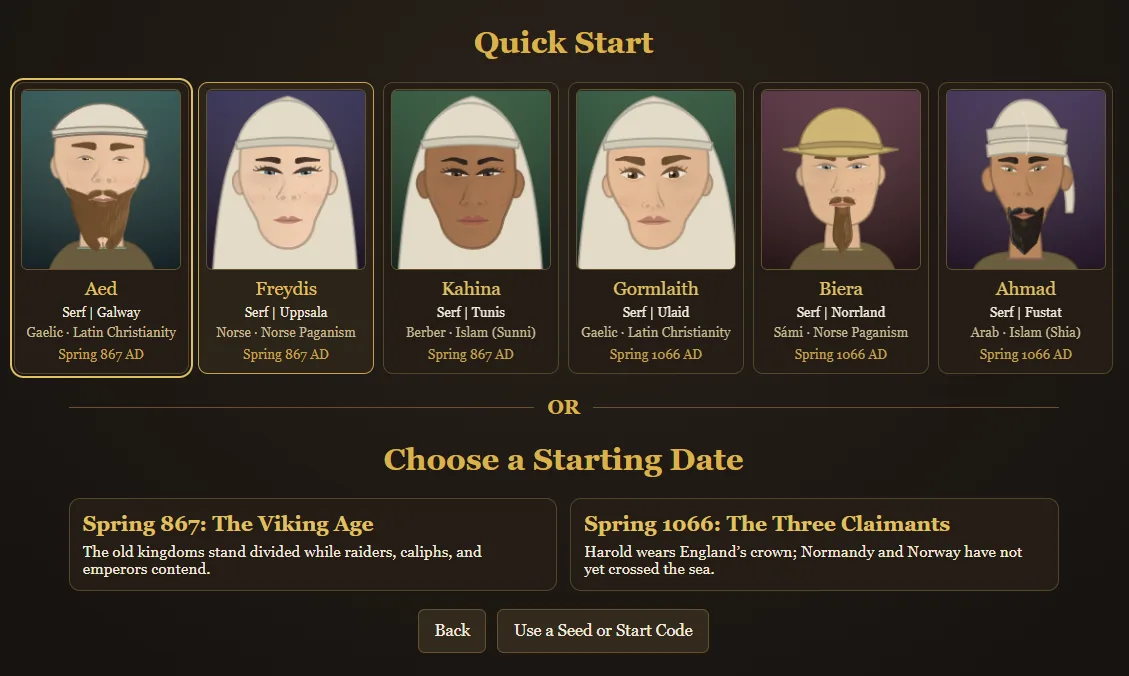 The Quick Start gallery offering six Serf characters across the 867 and 1066 bookmarks, with portraits, homelands, cultures, and faiths