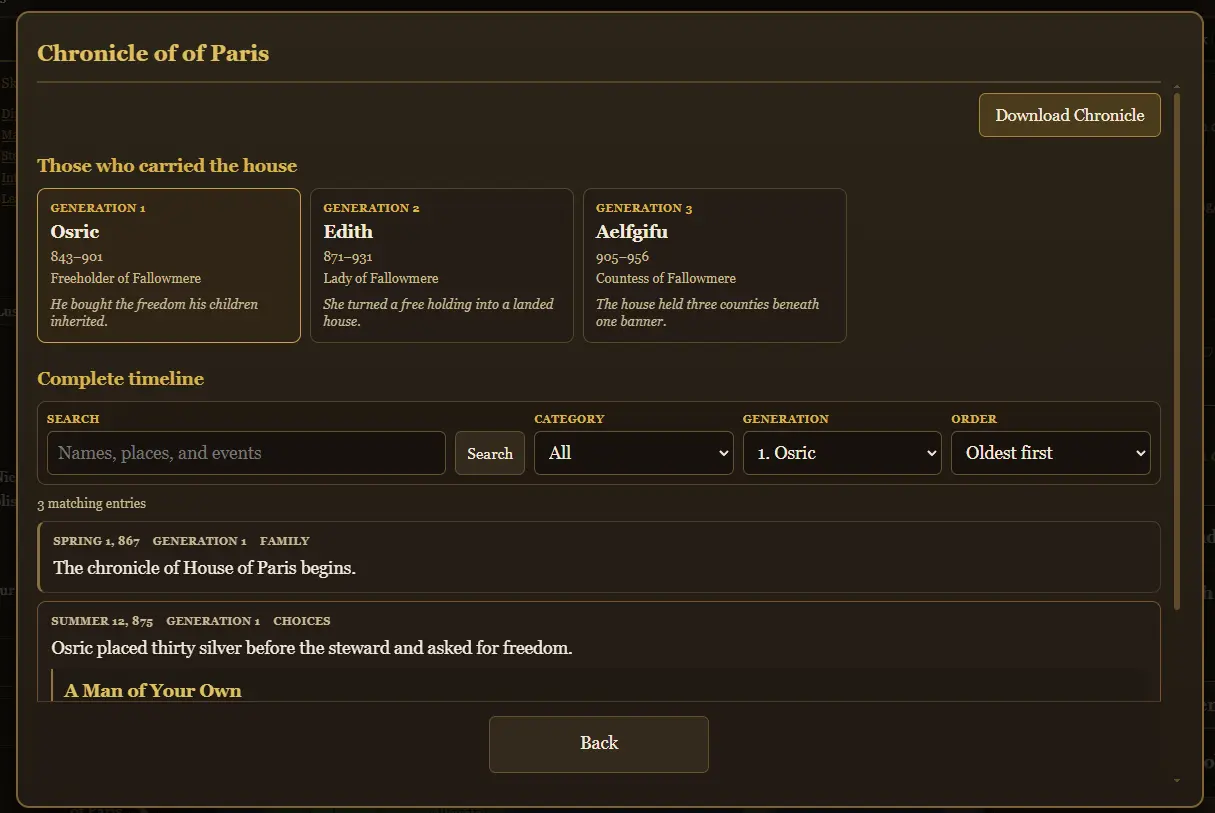 The complete Chronicle viewer showing three generations, timeline filters, and dated family and choice entries
