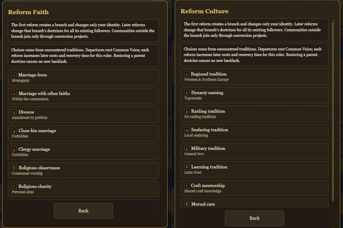 Faith and Culture reform sheets showing marriage rules, regional traditions, and household doctrines.