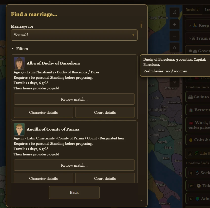 Dynastic marriage search showing court candidates, Standing requirements, travel costs, and match reviews.