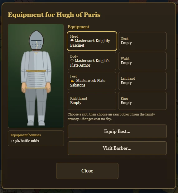 Hugh of Paris wearing a masterwork knightly bascinet, plate armor, and plate sabatons.