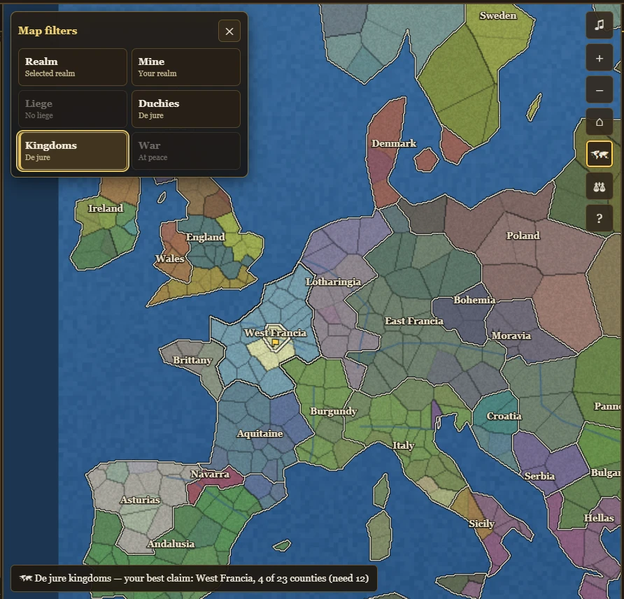 The map filter chooser with Kingdoms selected and named de jure borders across western Europe.