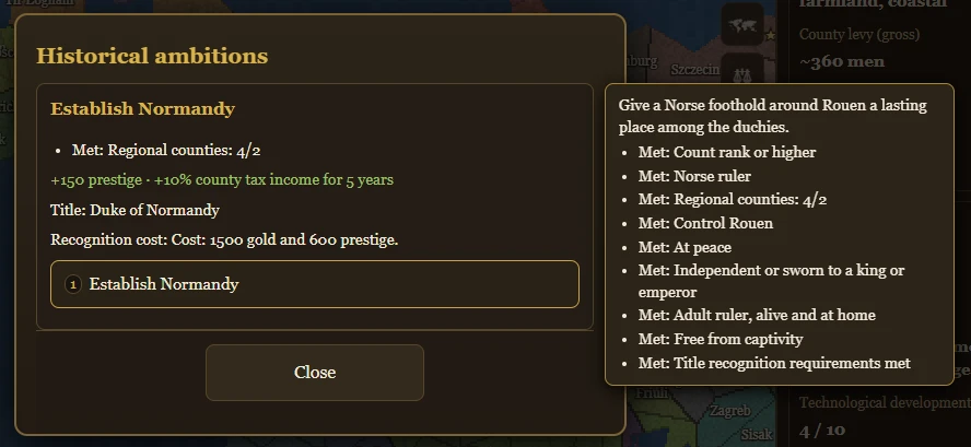 The Establish Normandy ambition showing regional requirements, recognition costs, and a five-year county tax bonus.