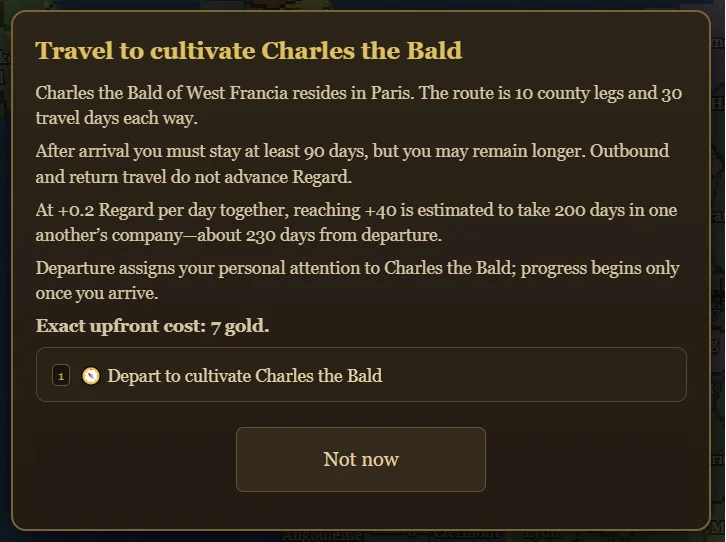 Fallowborn ruler cultivation journey review for Charles the Bald showing the route, minimum stay, Regard estimate, and exact cost