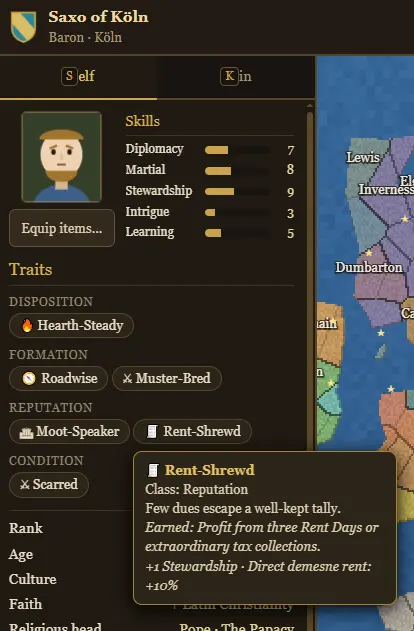 Fallowborn Self panel grouping a character's disposition, formation, reputation, and condition traits