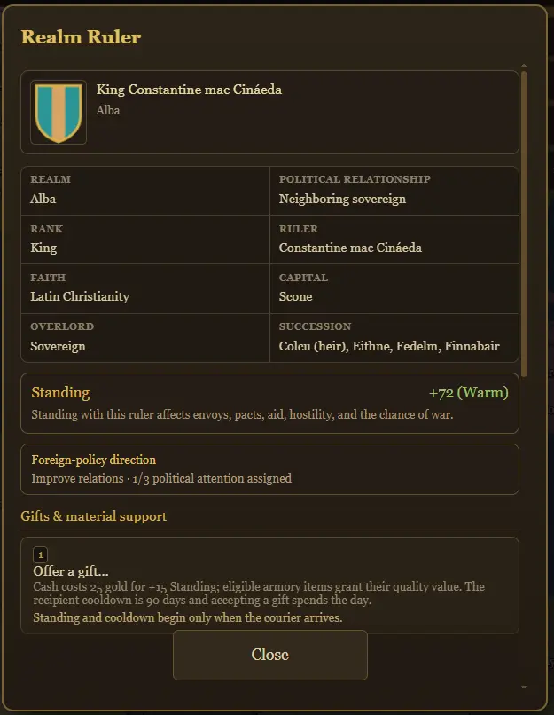 Fallowborn ruler sheet showing King Constantine's Standing and an active foreign-policy commitment