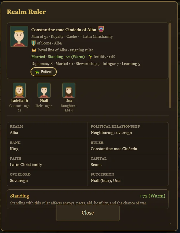 A neighboring king's realm sheet showing his portrait, consort, heir, daughter, succession, and shared Standing