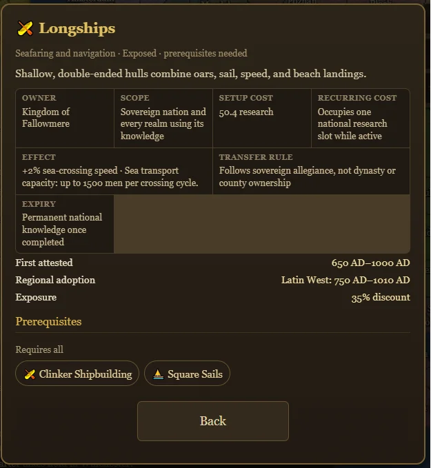 The Longships technology sheet showing sea-crossing speed, transport capacity, national ownership, and prerequisites