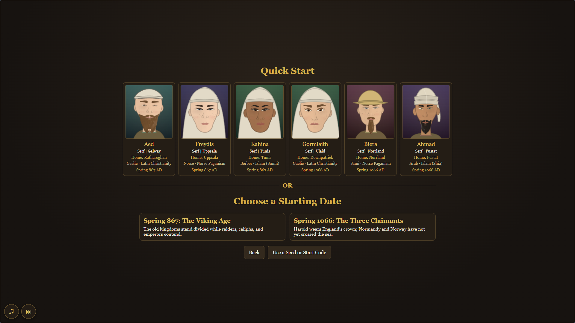 Fallowborn Quick Start screen with six prepared serf lives and the Spring 867 and Spring 1066 starting dates