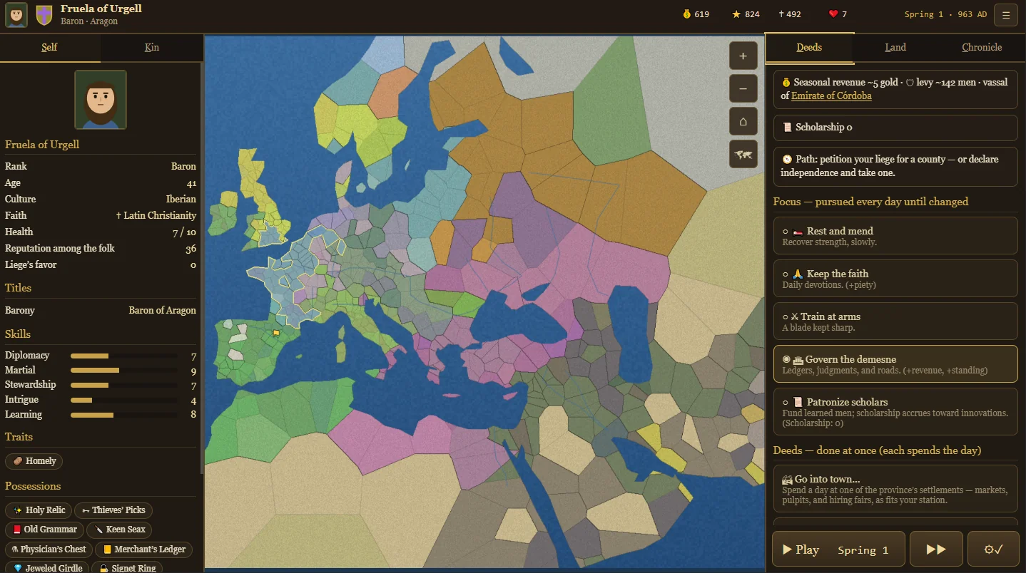 Fallowborn gameplay a century in: playing as Baron of Aragon in 963 AD