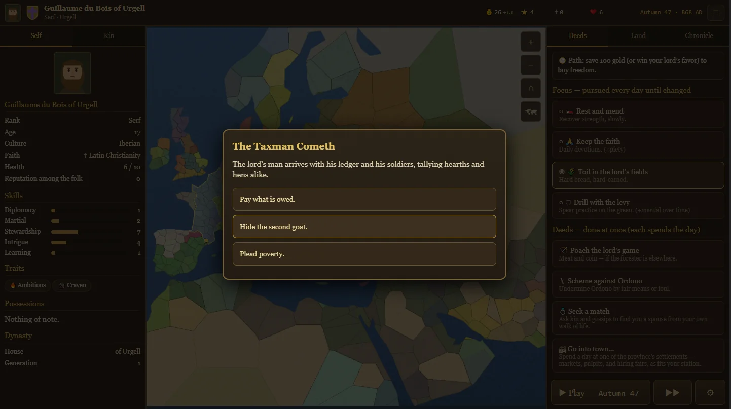 Fallowborn event 'The Taxman Cometh' offering the player three choices