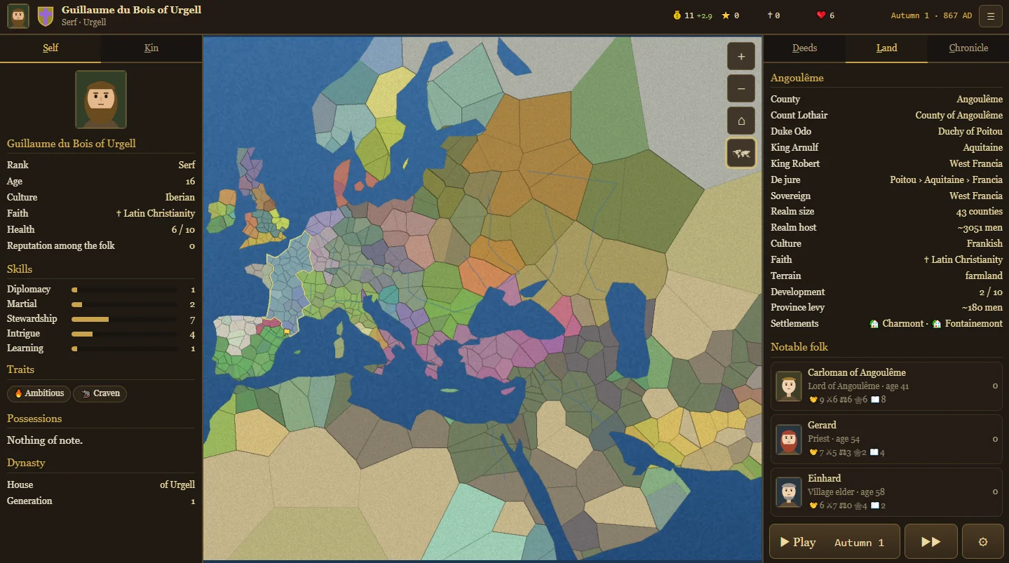 Fallowborn gameplay: the map of Europe in 867 AD, starting life as a serf with a character sheet