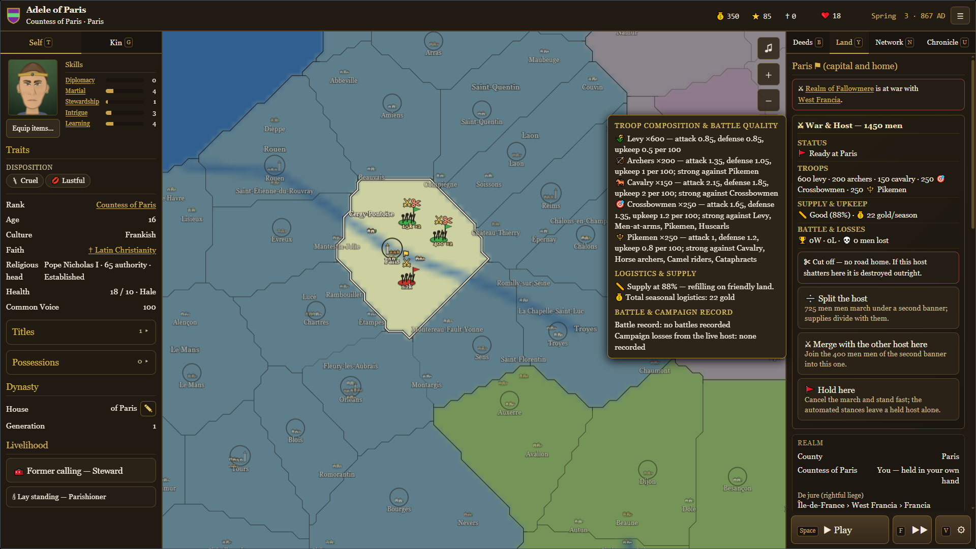 Fallowborn war map around Paris with three armies, troop composition, supply, losses, and host commands
