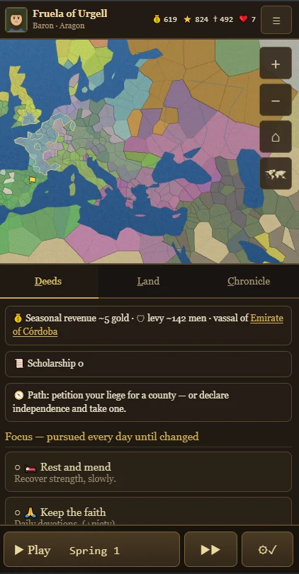 Fallowborn running in a mobile browser, portrait layout with tap-friendly controls