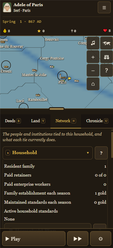 Fallowborn mobile browser layout showing the medieval map, household network, resources, and touch controls